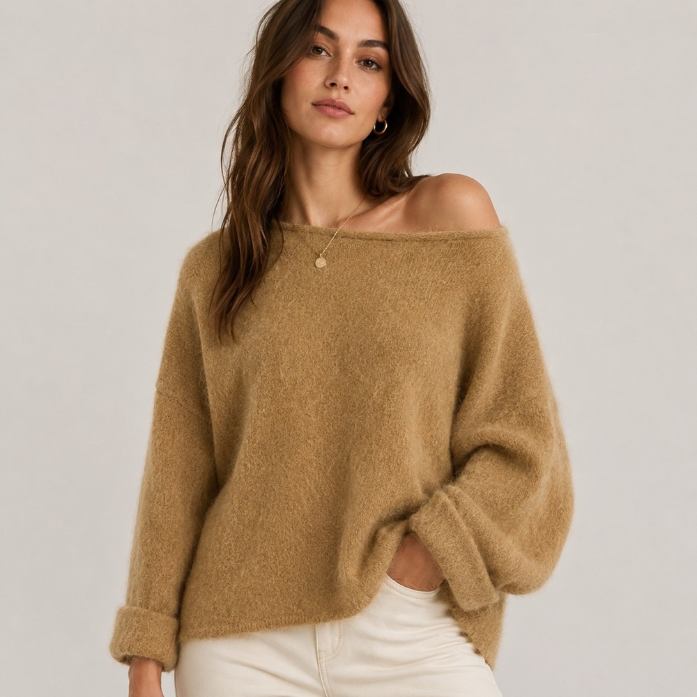 Womens Angora Blend Oversized Slouchy Sweater OS Camel Quiet Luxury Minimalist